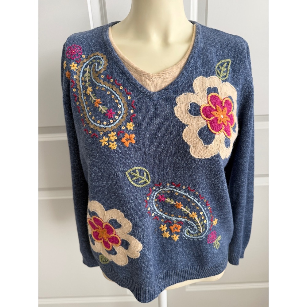 Alfred Dunner Petite Blue Embroidered Floral Paisley V-Neck Sweater Size PL